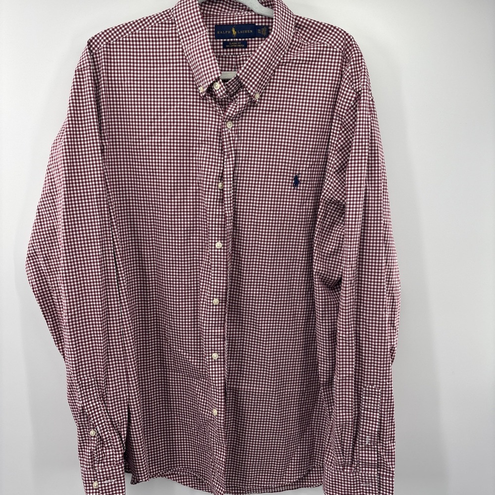 Ralph Lauren Button Up Shirt XXL Cotton Stretch‎ Red Check Classic Fit Stretch
